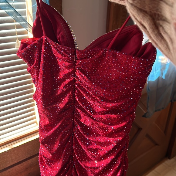 Women’s Red SO Dress Rhinestone Bust Midi Hand-Beaded - Picture 3 of 6